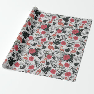 Flamingo seamless pattern with floral background wrapping paper