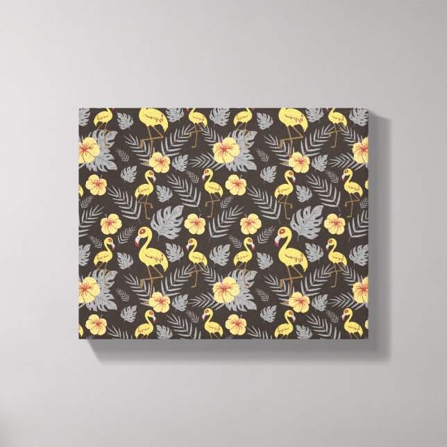 Flamingo seamless pattern with flowers and leaves canvas print (Front)