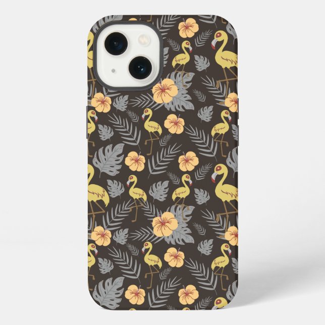 Flamingo seamless pattern with flowers and leaves iPhone case (Back)