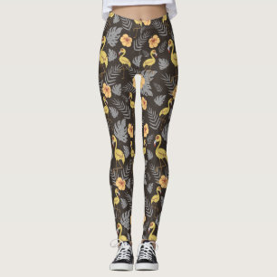 Flamingo seamless pattern with flowers and leaves leggings