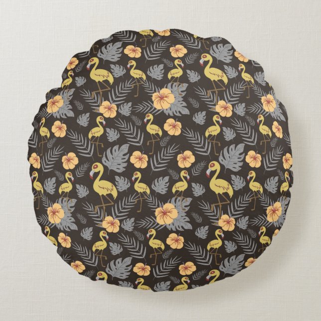 Flamingo seamless pattern with flowers and leaves round pillow (Front)