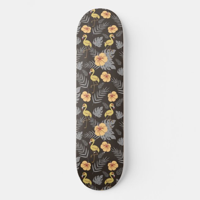 Flamingo seamless pattern with flowers and leaves skateboard (Front)