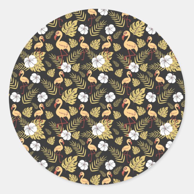 Flamingo seamless pattern yellow and white flowers classic round sticker (Front)