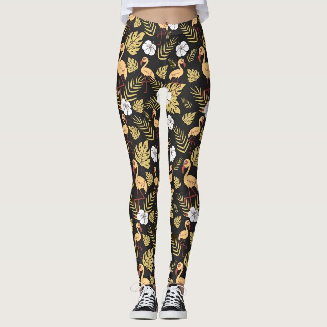 Flamingo seamless pattern yellow and white flowers leggings (Front)