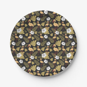 Flamingo seamless pattern yellow and white flowers paper plate