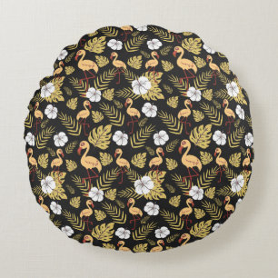 Flamingo seamless pattern yellow and white flowers round pillow