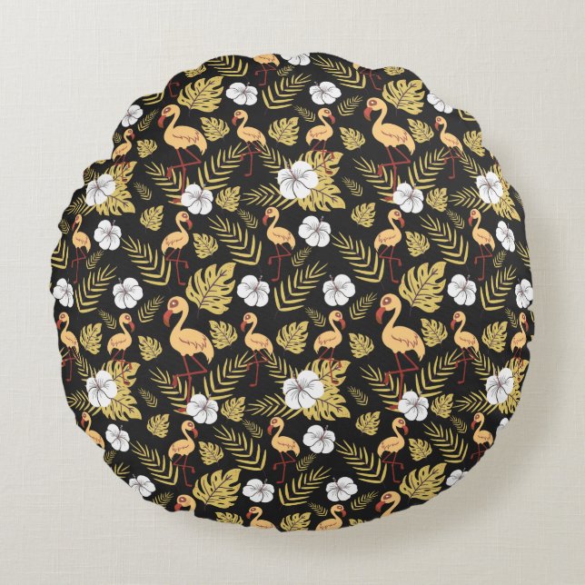 Flamingo seamless pattern yellow and white flowers round pillow (Front)