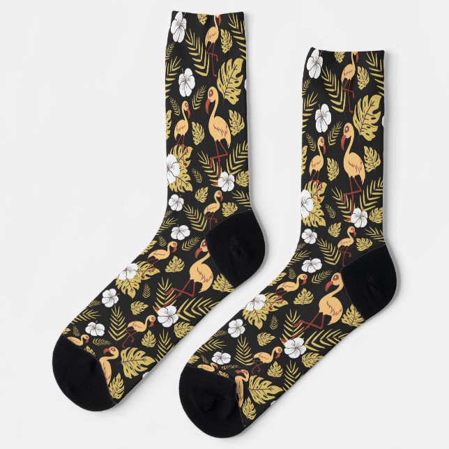 Flamingo seamless pattern yellow and white flowers socks (Left)