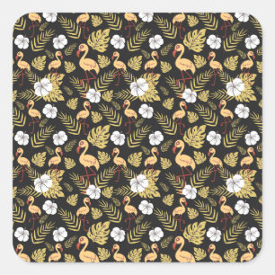 Flamingo seamless pattern yellow and white flowers square sticker