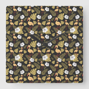 Flamingo seamless pattern yellow and white flowers square wall clock