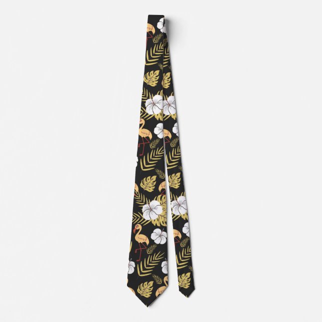 Flamingo seamless pattern yellow and white flowers tie (Front)