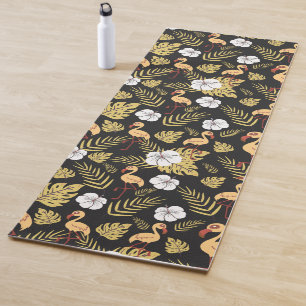 Flamingo seamless pattern yellow and white flowers yoga mat