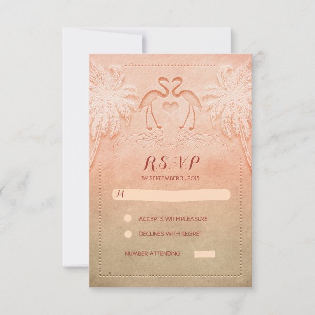 flamingo seaside wedding RSVP cards (Front)