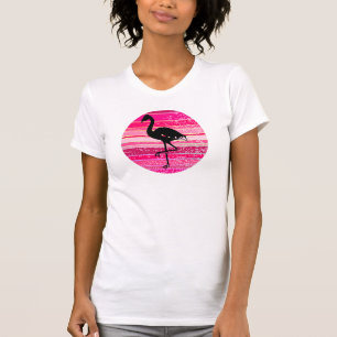Flamingo Silhouette on Colourful Pink Stripes T-Shirt