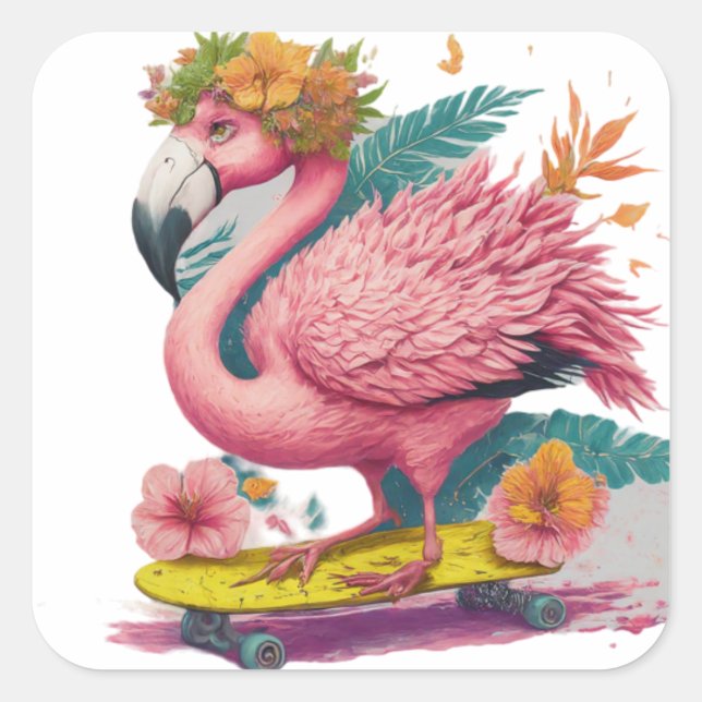 Flamingo Skater - Tropical Skateboard Vibes Square Square Sticker (Front)