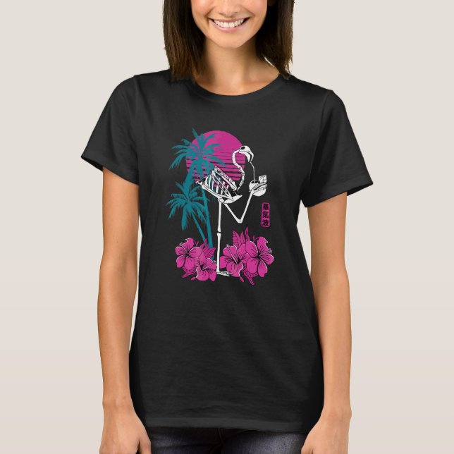 Flamingo Skeleton Flower Retro  Crazy Drinking Fla T-Shirt (Front)