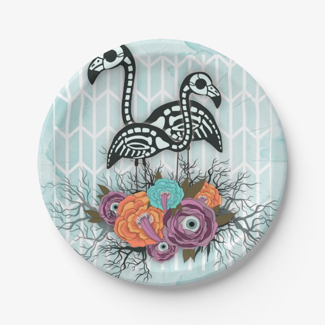 Flamingo Skeleton Halloween Composition Paper Plate (Front)