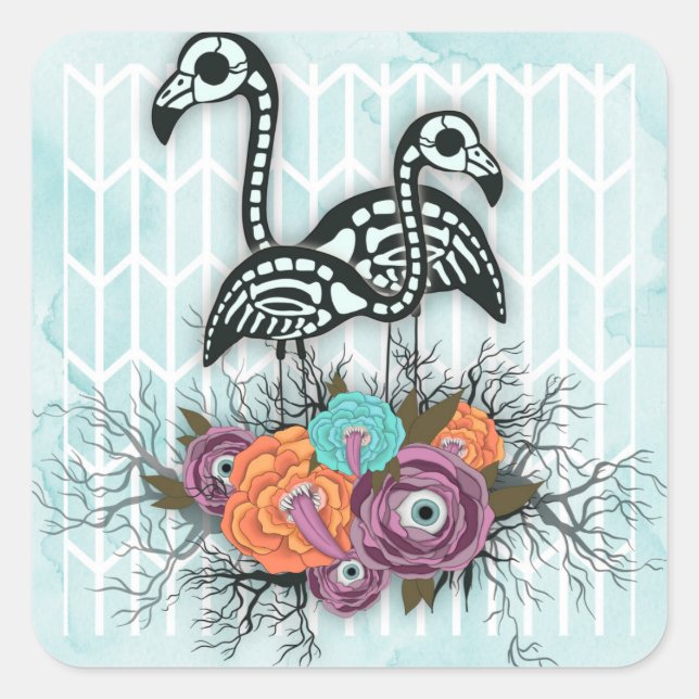 Flamingo Skeleton Halloween Composition Square Sticker (Front)