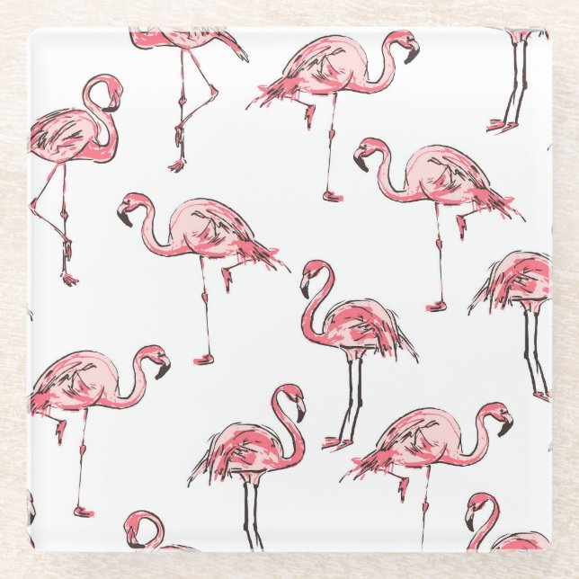 Flamingo Sketch: Tropical Vintage Pattern. Glass Coaster (Front)