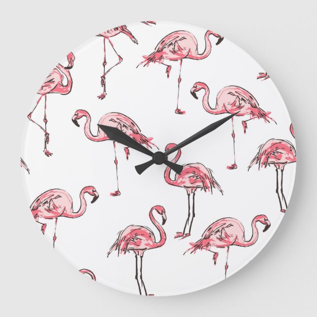 Flamingo Sketch: Tropical Vintage Pattern. Large Clock (Front)