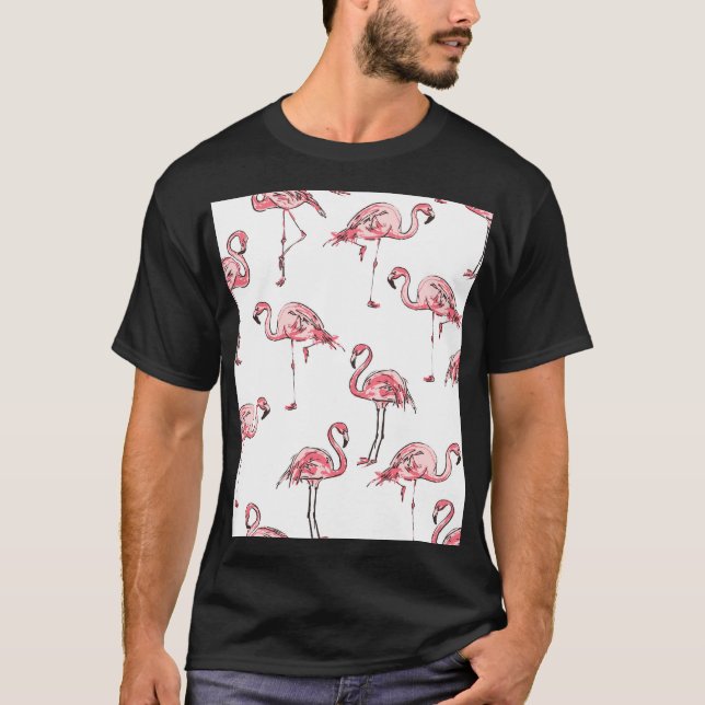 Flamingo Sketch: Tropical Vintage Pattern. T-Shirt (Front)