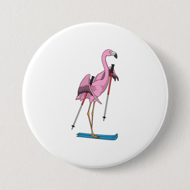 Flamingo Skier Ski 3 Inch Round Button (Front)