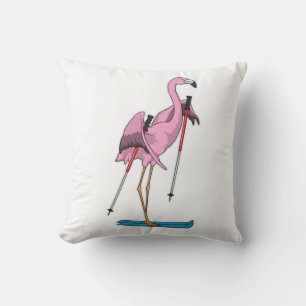 Flamingo Skier Ski Throw Pillow
