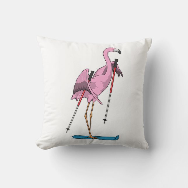 Flamingo Skier Ski Throw Pillow (Front)