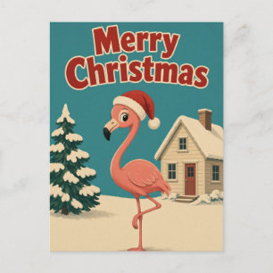 Flamingo Snow Cottage Animal Christmas Postcard