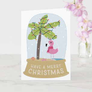 Flamingo Snow Globe Beach Merry Christmas Card