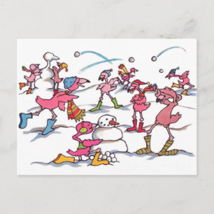 Flamingo Snowball Fight Postcard