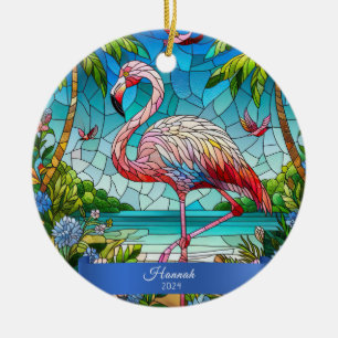 Flamingo Stained Glass Look Personalized Tropical Ceramic Ornament