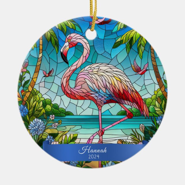 Flamingo Stained Glass Look Personalized Tropical Ceramic Ornament (Front)