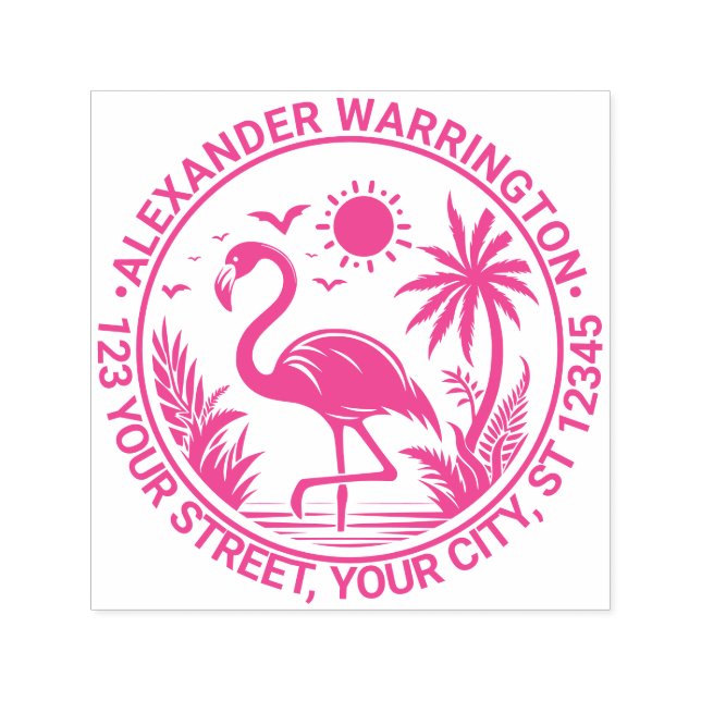 Flamingo Standing Palm Trees Sun Name Address Self-inking Stamp (Design)