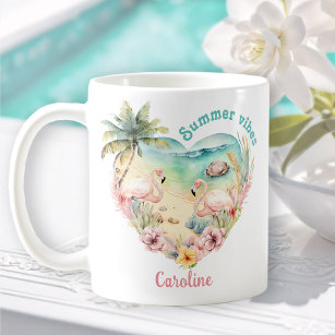 Flamingo Summer Beach Hawaii Tropical Name  Coffee Mug