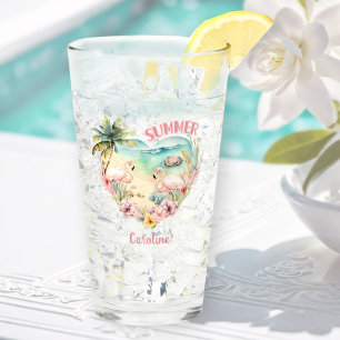 Flamingo, Summer Beach Heart, Tropical, Name Glass