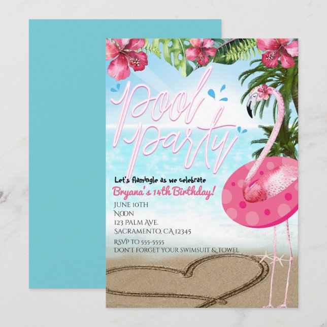 Flamingo Summer Birthday POOL PARTY Invitations (Front/Back)
