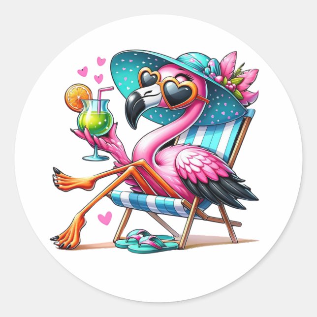 Flamingo summer cool classic round sticker (Front)