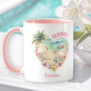Flamingo, summer heart, tropical girly name mug