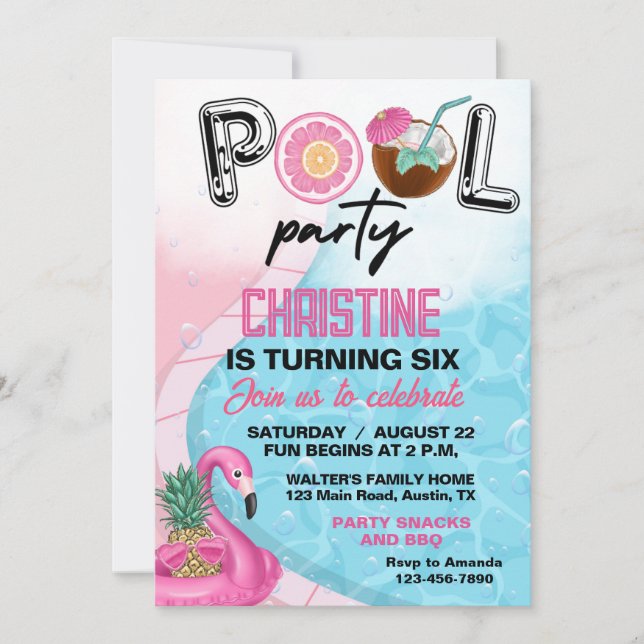 Flamingo Summer Pool Birthday Party Invitation (Front)