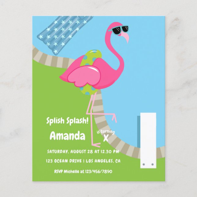  Flamingo Summer Splish Splash Kids Birthday Party Flyer (Front)