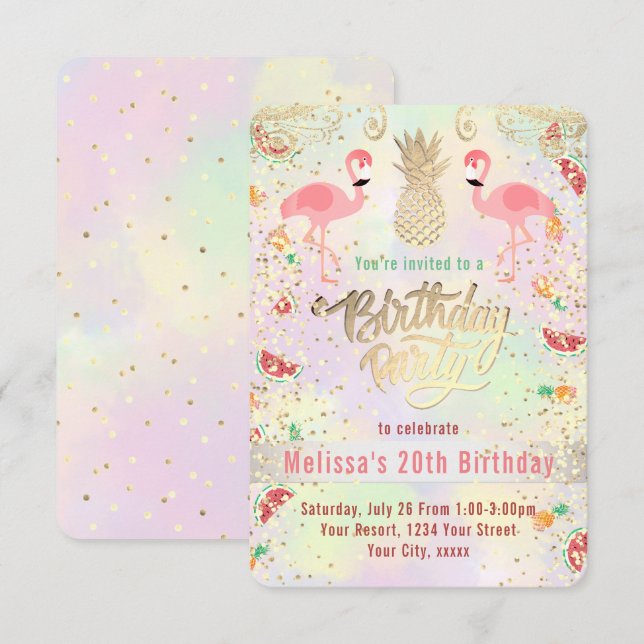 flamingo summer tropical birthday invitation (Front/Back)