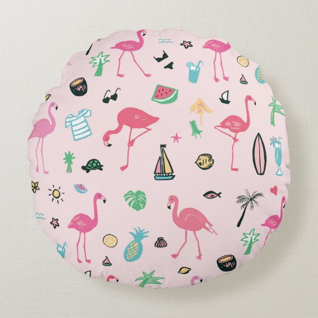 Flamingo Summer: Vibrant Bird Pattern Round Pillow (Front)