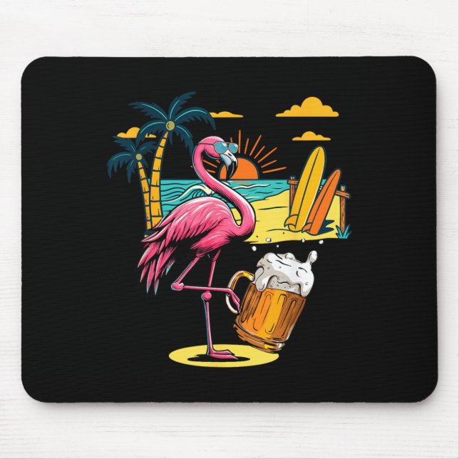 Flamingo Sunglasses Drinking Beer On Beach Funny Mouse Pad (Front)