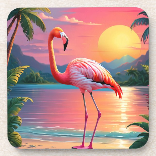Flamingo Sunset Tropical Beach  Coaster (Front)