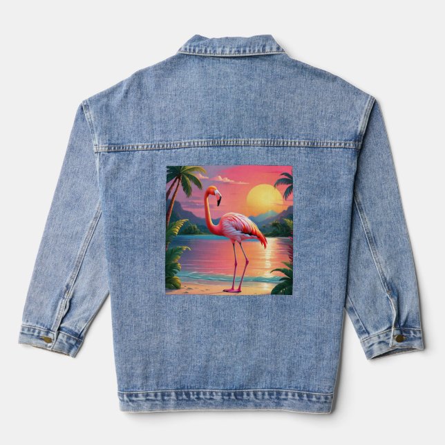 Flamingo Sunset Tropical Beach  Denim Jacket (Back)