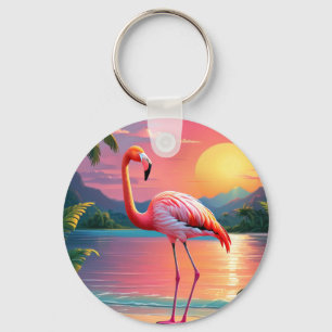 Flamingo Sunset Tropical Beach Keychain
