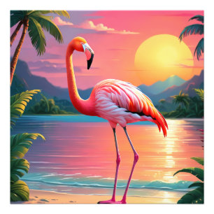 Flamingo Sunset Tropical Beach  Photo Print