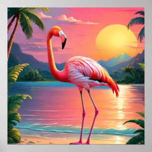 Flamingo Sunset Tropical Beach  Poster