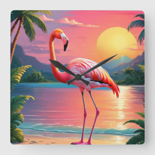 Flamingo Sunset Tropical Beach Square Wall Clock